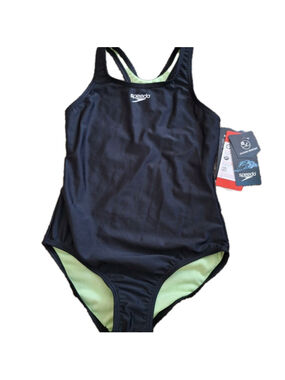 Speedo Girls Swimsuit One Piece Racerback Girls 8 NWT Black Chlorine Resistant